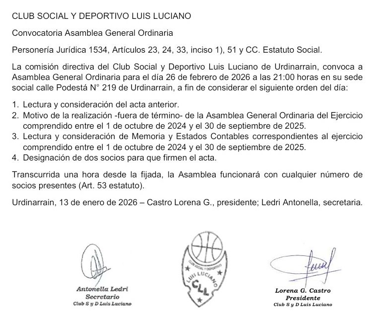 CLUB SOCIAL Y DEPORTIVO LUIS LUCIANO  Convocatoria Asamblea General Ordinaria 
