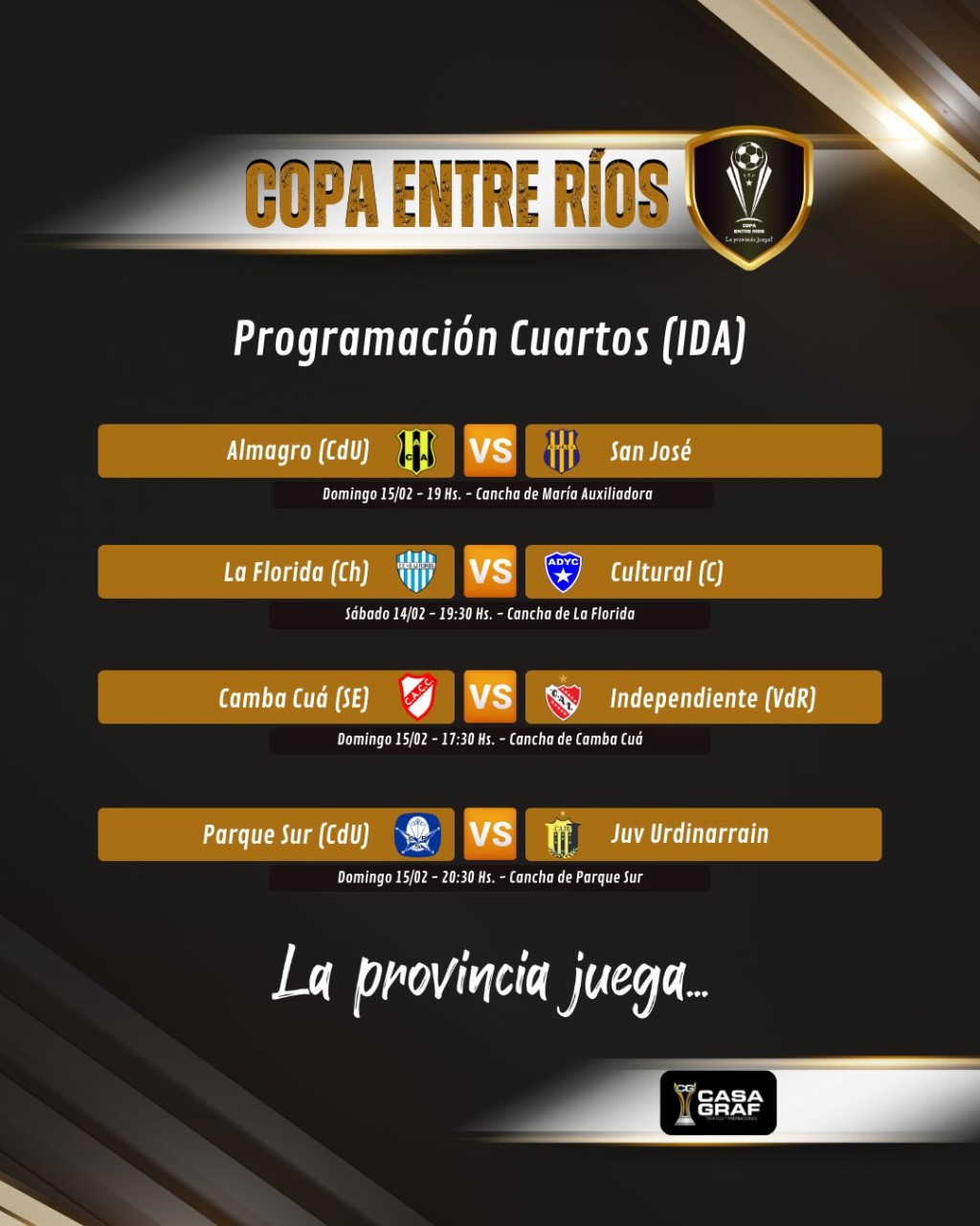 COPA E.RIOS: 4tos de Final: Parque Sur vs Juventud Urd / COPA FEDERACION: 8vos de Final; 1ro de Mayo Chajari vs Deportivo Urd