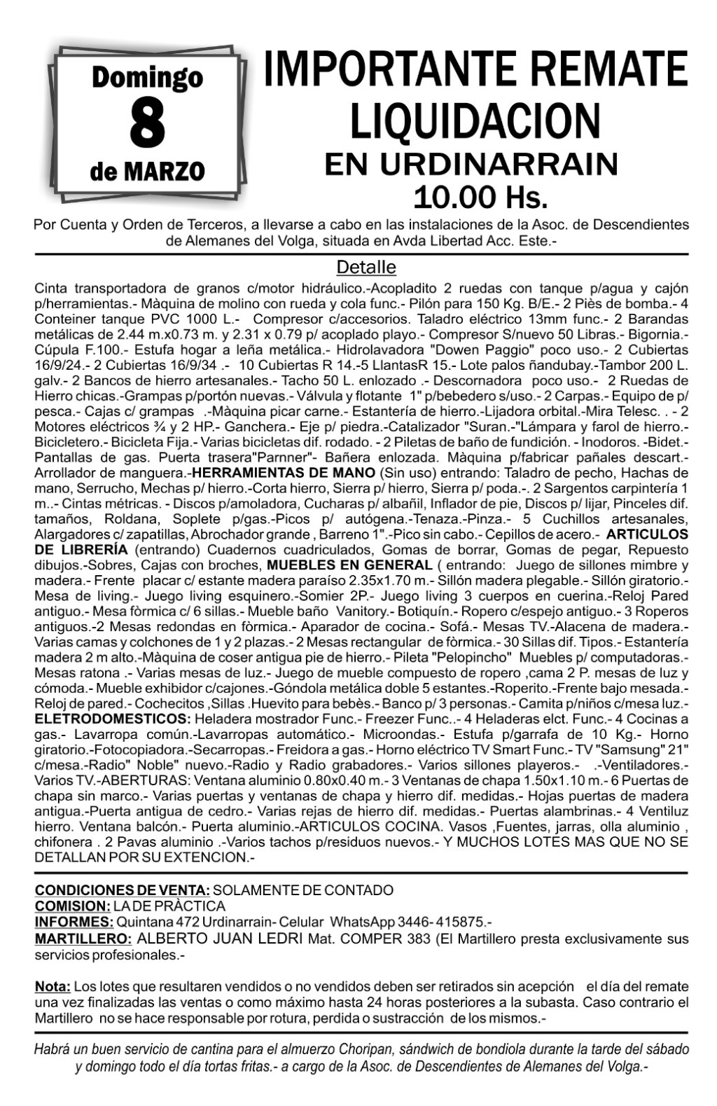Remate Liquidaci&oacute;n en Urdinarrain - Domingo 8 de Marzo