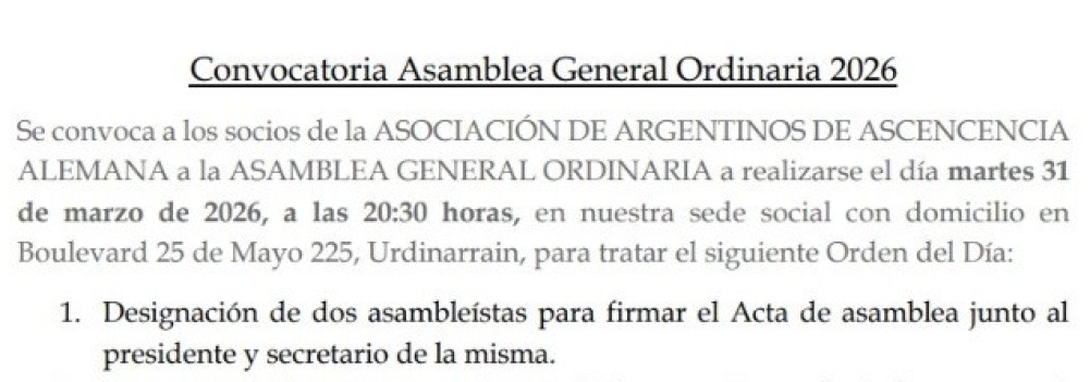 Convocatoria Asamblea General Ordinaria de la Asociaci&oacute;n de Argentinos de Ascendencia Alemana