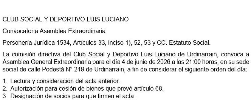 CLUB SOCIAL Y DEPORTIVO LUIS LUCIANO Convocatoria Asamblea Extraordinaria