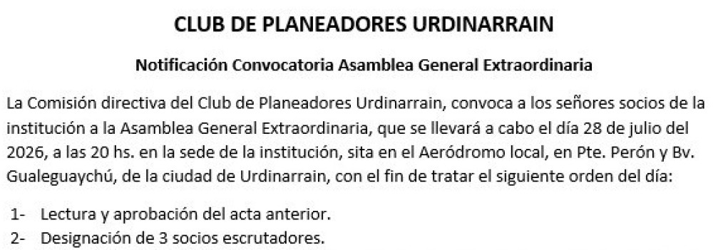 ASAMBLEA GENERAL EXTRAORDINARIA DEL CLUB PLANEADORES URDINARRAIN