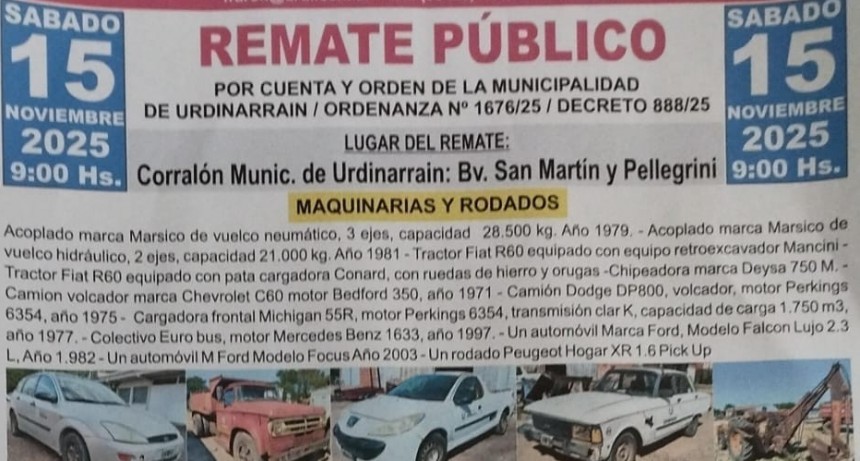 Este Sábado se realiza el Remate de bienes municipales en desuso
