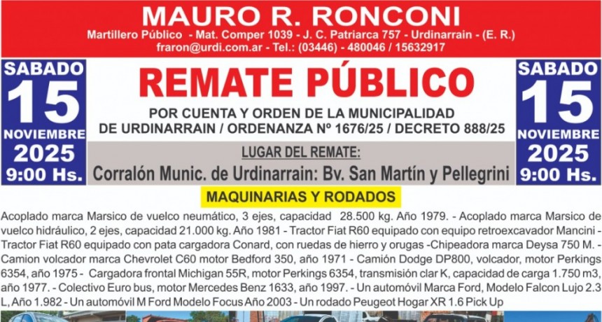 Este Sábado se realiza el Remate de bienes municipales en desuso