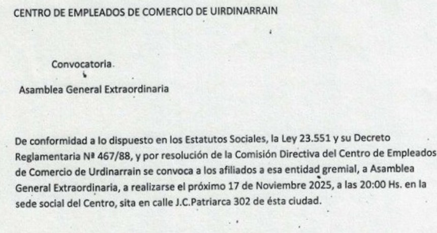 Convocatoria a Asamblea General Ordinaria del Centro de Empleados de Comercio