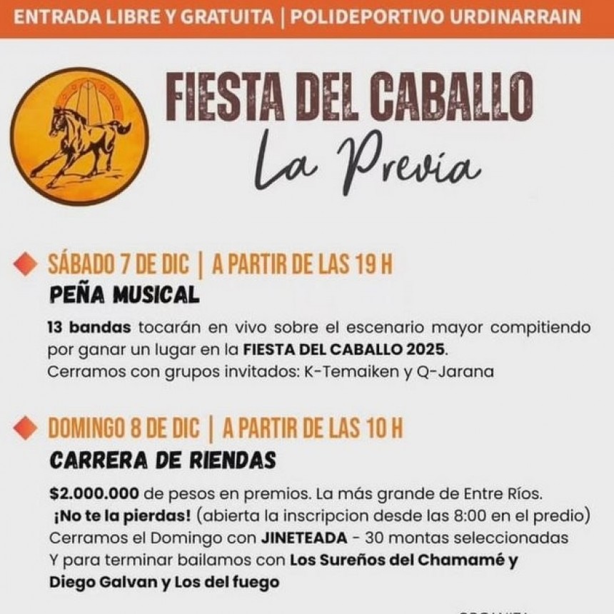 ESTE SÁBADO 7 Y DOMINGO 8 LA PREVIA DE LA FIESTA DEL CABALLO EN URDINARRAIN